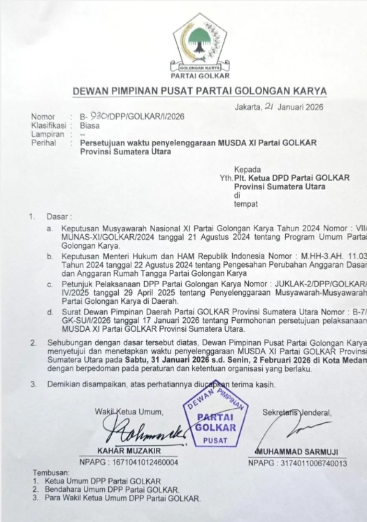 Musda XI Golkar Sumut Digelar 31 Januari 2026, Hendri Yanto - Andar Muncul