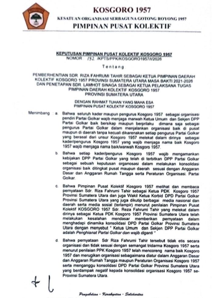 PPK KOSGORO 1957 Copot Ketua PDK Sumut, Tunjuk Lamhot Sinaga sebagai Plt