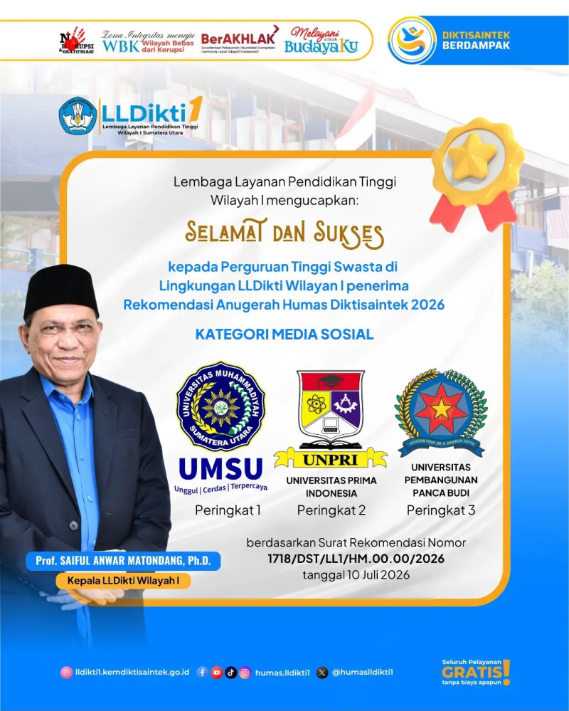 UNPAB Raih Peringkat 3 Anugerah Humas Diktisaintek 2026 Kategori Media Sosial Tingkat LLDikti Wilayah I