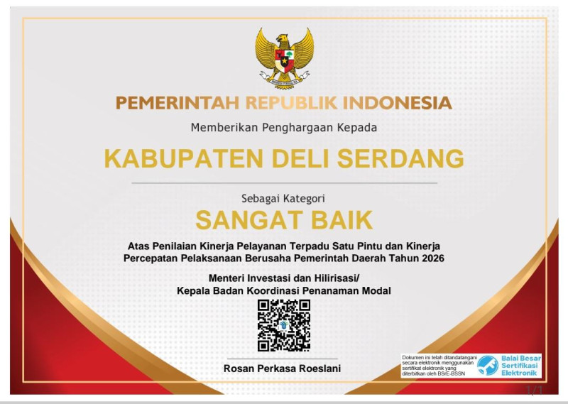 Menteri Investasi dan Hilirisasi Tetapkan Kinerja Perizinan Deli Serdang Sangat Baik, Nilai Tembus 91,728